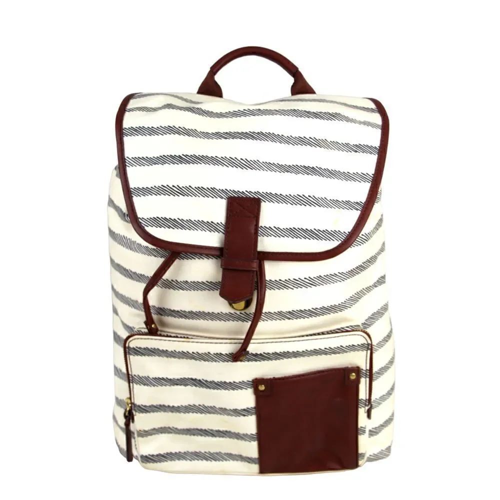 Fossil WHITE GRAY COATED CANVAS BROWN LEATHER TRIM HANDLES SHOULDER BAG BACKPACK